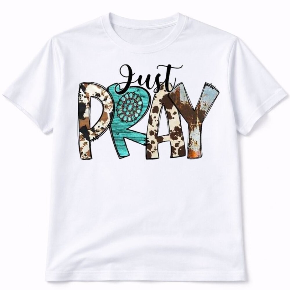 Just Pray Cow Print Graphic T Shirt Trendy Boutique Style Tee Women Gift White